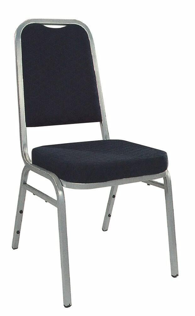 Stapelstuhl Silber, Stoff schwarz, eckige Rückenlehne